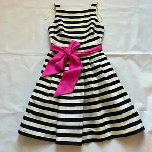 Eliza J Fit & Flare Pleated Navy Cream Striped Dress Belted Pink Bow Sash 6